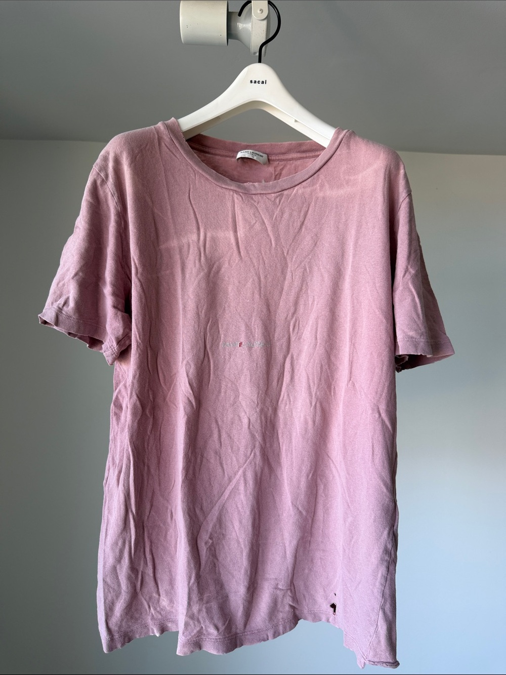 Saint Laurent Distressed Pink Short‑Sleeve Crewneck T-Shirt
